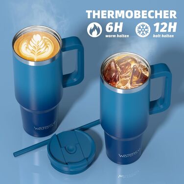 Термокружка WATERSY 1.2L з 2 трубочками, 1200 мл, зелена, з нержавіючої сталі, з вакуумною ізоляцією, без BPA, для кави та напоїв, з кришкою-гвинтовою, витримує до 12 годин, виготовлена з високоякісного матеріалу