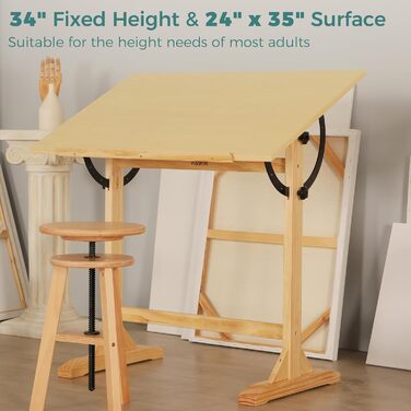 VISWIN Adjustable Drawing Table - Large Wooden Art Desk for Artists - Height & Angle Adjustable, Solid Pine Wood, Studio Easel Table for Painting & Drawing