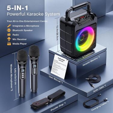 Портативна караоке-колонка Dislocati з 2 мікрофонами, 20W, LED-підсвітка, Bluetooth 5.3, AUX/USB, до 12 годин роботи - ідеальний подарунок для дітей та дорослих, чорний колір