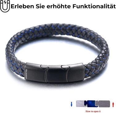 Чоловічий браслет Halukakah Solo з натуральної шкіри, чорний колір, регульований розмір 21.5-23 см, з нержавіючою сталею та шнуром червоно-синього кольору. Безкошовна подарункова коробка.