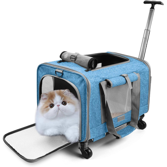 Переноска для тварин ALLSOPETS з колесами для котів та собак, блакитна