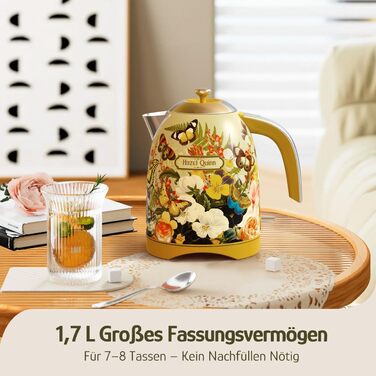 Електричний чайник Hazel Quinn Schneller 1.7л, 2200W, нержавіюча сталь 304, швидкий кип'ятіння, автоматичне вимкнення, захист від сухого кип'ятіння, вінтажний дизайн, BPA-free, перловий білий (жовтий з квітковим візерунком)