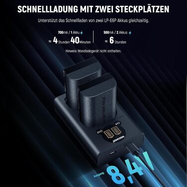 NEEWER Запасний акумулятор LP-E6NH та зарядний пристрій USB, комплект 3 шт. 2250mAh, сумісний з Canon EOS R7, R5, R6, R6 II, R, 5DIV, 6DII, 7DII, 80D, 90D