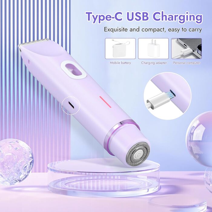 Електричний жіночий тример 2-в-1 для обличчя, тіла та брів, водонепроникний, фіолетовий