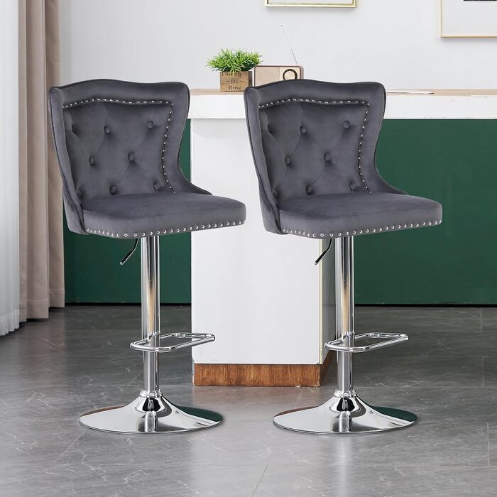 KHISCHMO Set of 4 Velvet Bar Stools - Modern Kitchen Counter Stools with Lion Paw Pulls - Adjustable Height, 360° Swivel - Black (Gray)