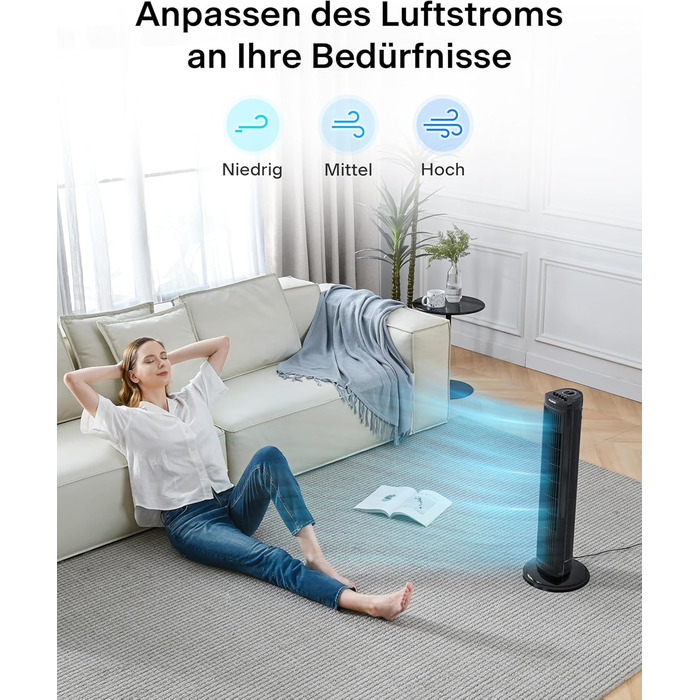 PELONIS 76 см Турбовентилятор з осциляцією, 3 швидкості, таймер 8H, тихий та компактний для дому/офісу (чорний)