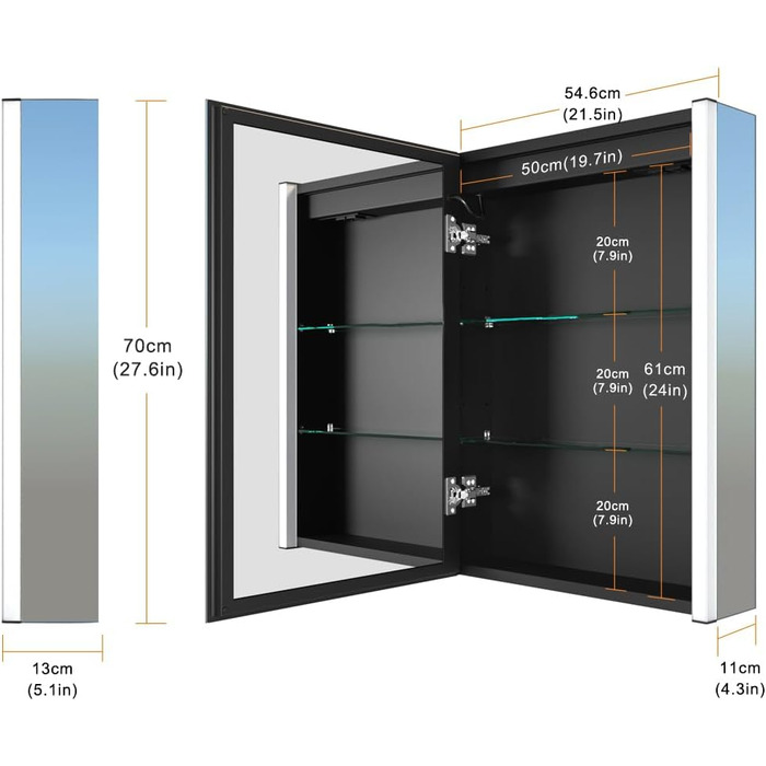 LED дзеркальна шафка для ванної кімнати KWW з підсвічуванням, регульованою температурою світла, протитуманним покриттям та USB роз'ємами (2 дверцята, 80x70 см, ліве кріплення)