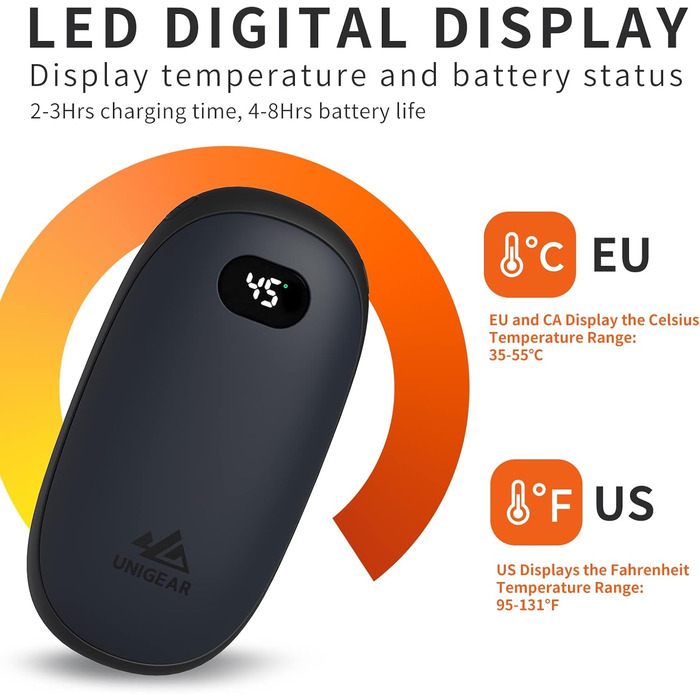 Електричний грієчка для рук Unigear 5200mAh з Powerbank, USB, 35-55°C, цифровий дисплей, для активного відпочинку, чорний