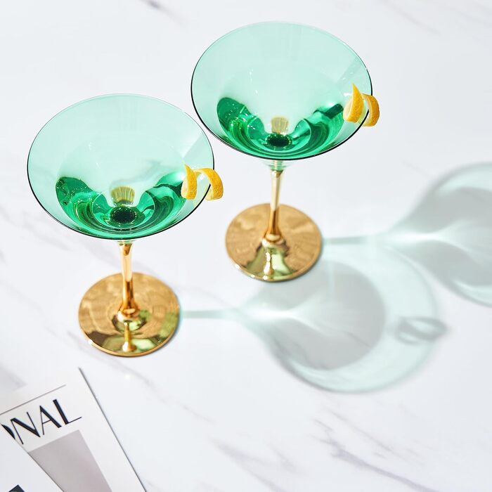 Бокали для Мартіні Art Deco, 2 шт., 237 мл, блакитно-зелені та зелені, кришталеві, золотий декор, класичні коктейльні бокали