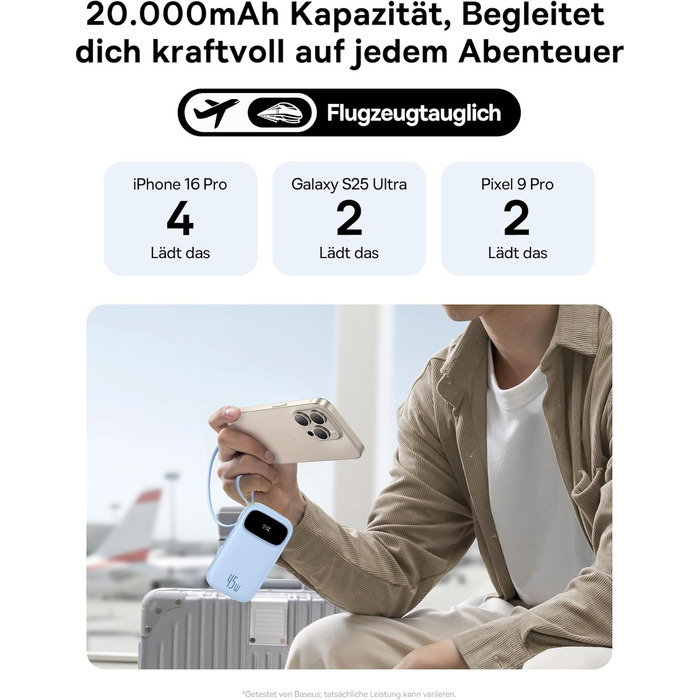 Power Bank Baseus QPow3 20000mAh 45W з 3 USB-C та 1 USB-A, PD3.0, QC4.0, LED дисплей, 2 кабелі USB-C, для iPhone, iPad, Galaxy (Блакитний)