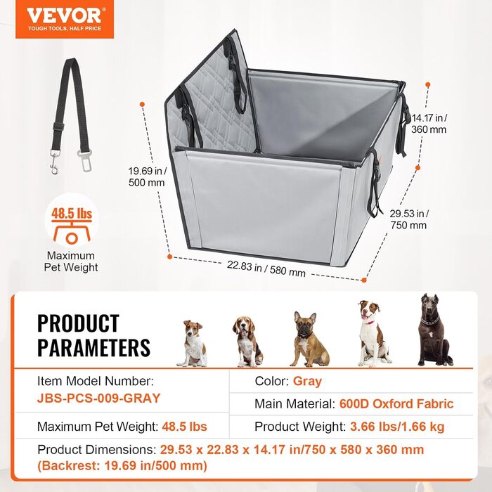 Автокрісло для собак VEVOR, сіре, до 22 кг (M) - водонепроникне, з підставкою, з поводом