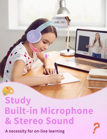 Бездротові навушники Bluetooth для дітей з LED-підсвіткою, котячими вушками та мікрофоном, HD Stereo, складна конструкція, регульоване наголов'я, для дівчаток, фіолетовий колір