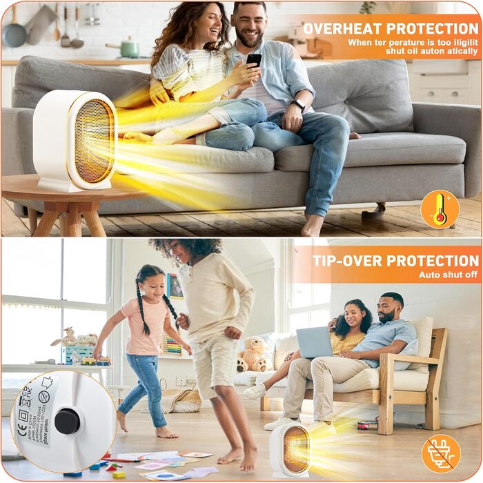 Електричний обігрівач 1200W з PTC-керамічним нагрівом, 2 режими, стабільна температура, захист від перегріву та перекидання, тихий, компактний, для дому, спальні, офісу