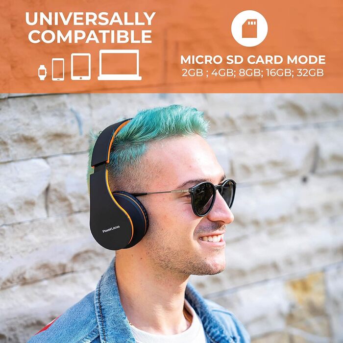 PowerLocus Бездротові навушники Over-Ear з Bluetooth, Hi-Fi стерео, FM радіо, Micro SD/TF, мікрофоном та зручними амбушюрами (Чорний/Помаранчевий)