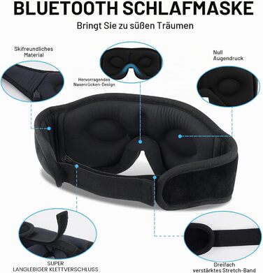 Маска для сну з Bluetooth навушниками 3D, бездротова маска для очей для комфортного сну на боці/спині, чорні навушники для сну