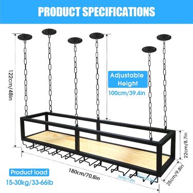 DSVONAUS Ceiling Shelf, Wine Rack, Adjustable Height Decoration Shelf, Retro Iron and Solid Wood Ceiling Shelf, Single Layer, For Bars/Restaurants/Kitchens (120 * 25 * 100cm) (180*25*100cm)