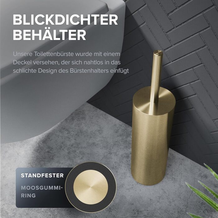 Набір для чищення унітазу Ingoy | Силіконова щітка для унітазу | Чорний | з нержавіючої сталі з кришкою | для ванної кімнати та гостьового WC | Змінний насадок | Дизайн Silvolles (Золотий)