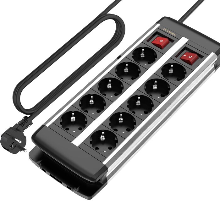 Мережевий фільтр на 10 розеток з USB-C PD 20W, захист від перенапруги, сертифікація TÜV/GS, вимикач, кабель 1.5м, 16A для офісу та майстерні