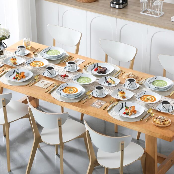 Набір посуду VEWEET FIONA (30 предметів): тарілки та миски для 4 осіб, чорно-сі лінії, для вечері, безпечний у мікрохвильовці та посудомийній машині