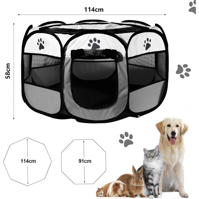 Клітка-забіг для собак та котів, переносний вольєр для тварин, 114x114x58 см, сірий