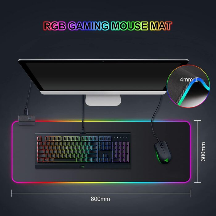 Килимок для миші ігровий RGB 800x300mm XXL, великий, з 14 режимами підсвічування, 7 LED кольорами, вологостійкий, з антиковзким покриттям для комп'ютера, ПК, професійних геймерів, чорний