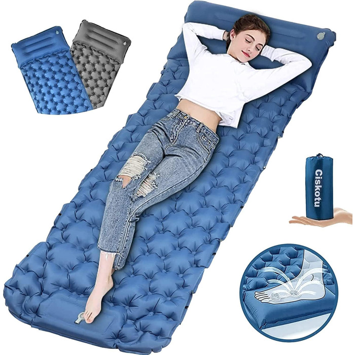 Килимок туристичний самонадувний Ciskotu 8 см з подушкою для кемпінгу, пікніків та подорожей (синьо-сірий)