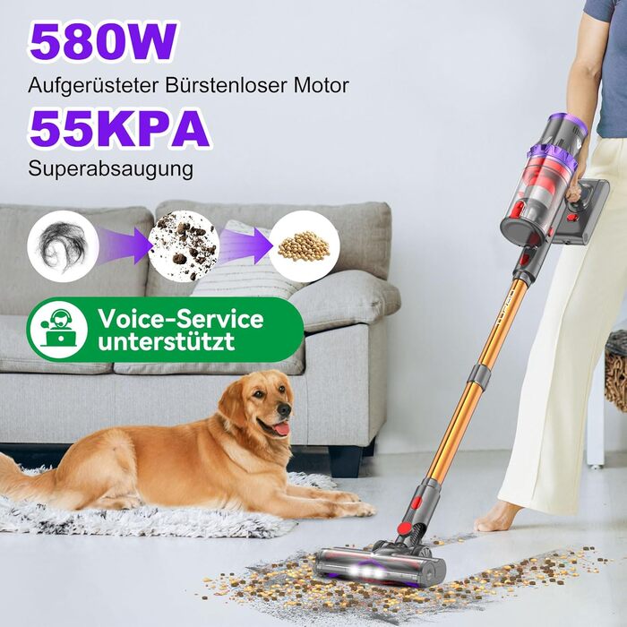 Бездротовий пилосос Coovy SU7 з акумулятором, 580W, 75 хвилин роботи, 55000Pa, великий дисплей, автоматичний режим, для килимів, шерсті тварин, твердих поверхонь