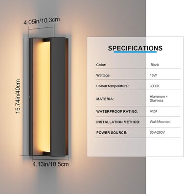 Klighten LED стінна лампа 16W, чорна, для дому, тепле світло 3000K, з алюмінію та нержавіючої сталі