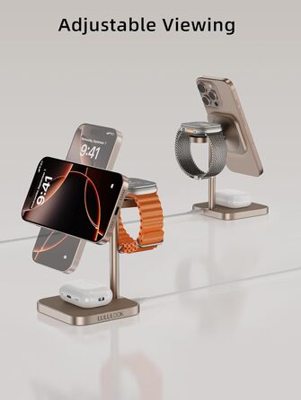Станція зарядки LULULOOK Qi2 MagSafe 3 в 1 з алюмінію для Apple Watch та iPhone з підтримкою швидкої зарядки 15W (для iPhone 17 Pro Max/17 Pro/17 Air/17) та 5W (для Apple Watch Ultra, AirPods), титан
