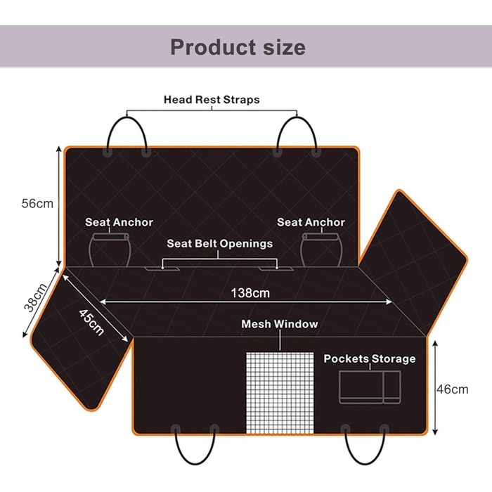 Накладки на сидіння автомобіля для собак Caliyo, 143.5x134 см, чорно-помаранчеві, водовідштовхувальні та стійкі до подряпин