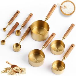 Набір мірних стаканів і ложок 8 шт, нержавіюча сталь золото з дерев'яною ручкою, метричні та американські одиниці, для приготування їжі, випічки та напоїв (60мл - 250мл)
