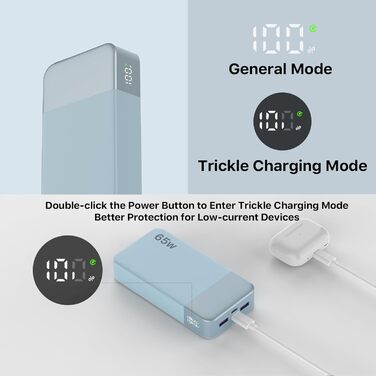 Powerbank NOBIS 20000mAh, 65W, з цифровим дисплеєм, Dual USB-C/USB-A, для ноутбука, телефону, планшета, зелений/блакитний