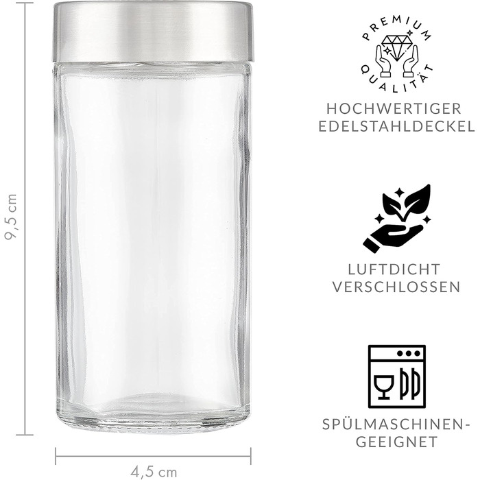 Kesign 20-Piece Spice Jar Set - with high-quality stainless steel lids - round spice containers incl. labels, shaker insert, funnel, and stainless steel spoon for spices - Perfect storage for the kitchen