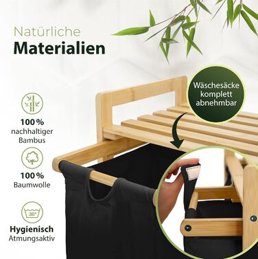 AMBIAVO® Laundry Basket with 3 Compartments and Wheels [black, 100% cotton, bamboo, 90 l volume] | Laundry Collector for dirty laundry | Laundry sorting system | Laundry sorter wood | Laundry box | laundry baskets