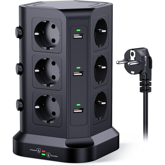 Мережевий фільтр KOOSLA з 12 розеток, 6 USB-портами, захистом від перенапруги, індивідуальним керуванням, 2м кабель, чорний