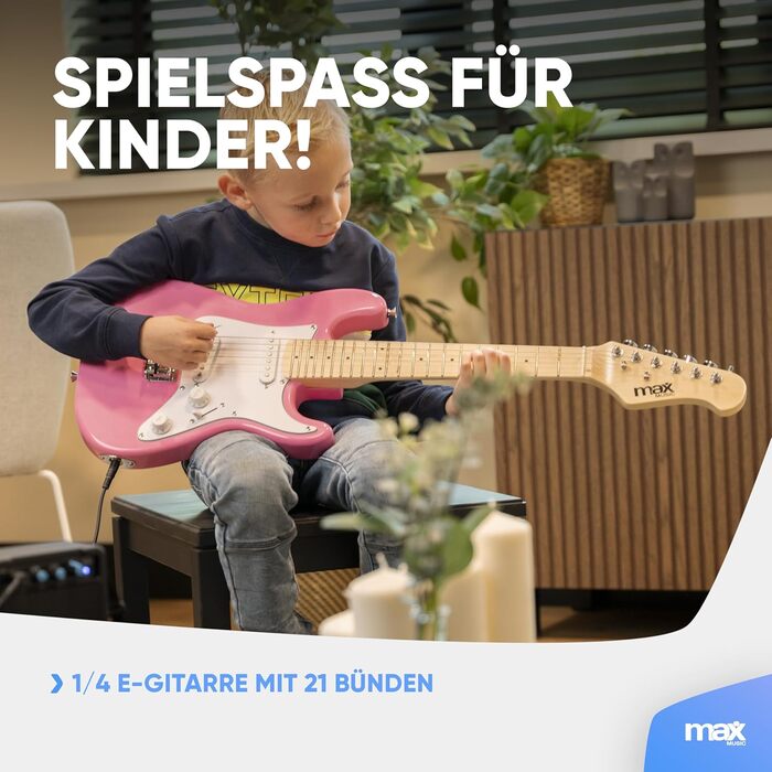 Електрогітара Max GigKit: Повний комплект для початківців (рожева, 1/4, 4/4), з підсилювачем 40W, чохлом, медіатором, ременем, тюнером, кабелем та запасними струнами