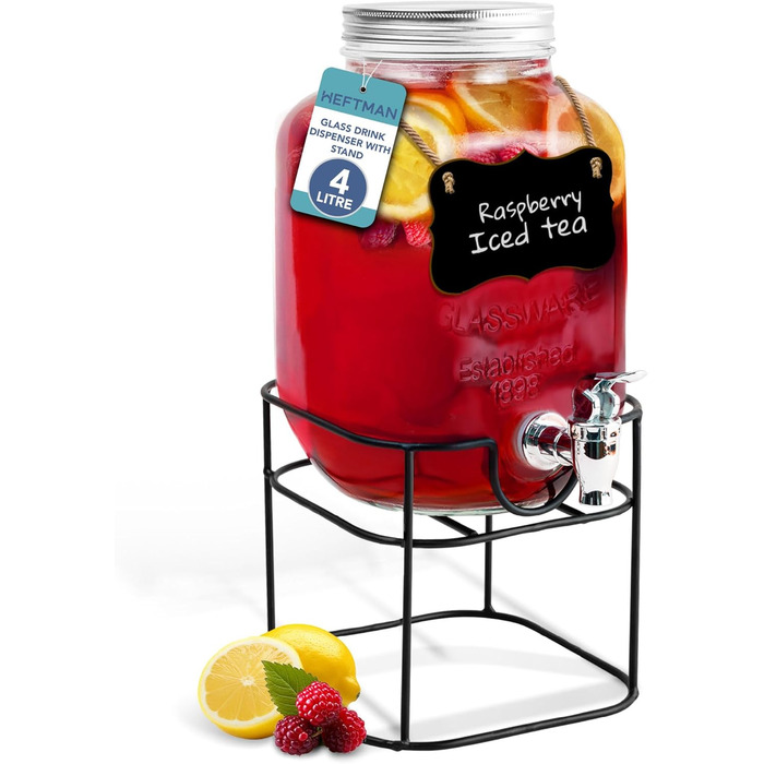 Скляний диспенсер для напоїв з краником - 4 літри, Mason Jar, з пластиковим краником та металевим підставкою
