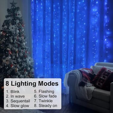 Лямпас світлодіодний Yizhet 3x3м, 300 LED, тепле біле світло, IP65, 8 режимів, для декору вечірки, свята, Нового року, тераси (блакитний)