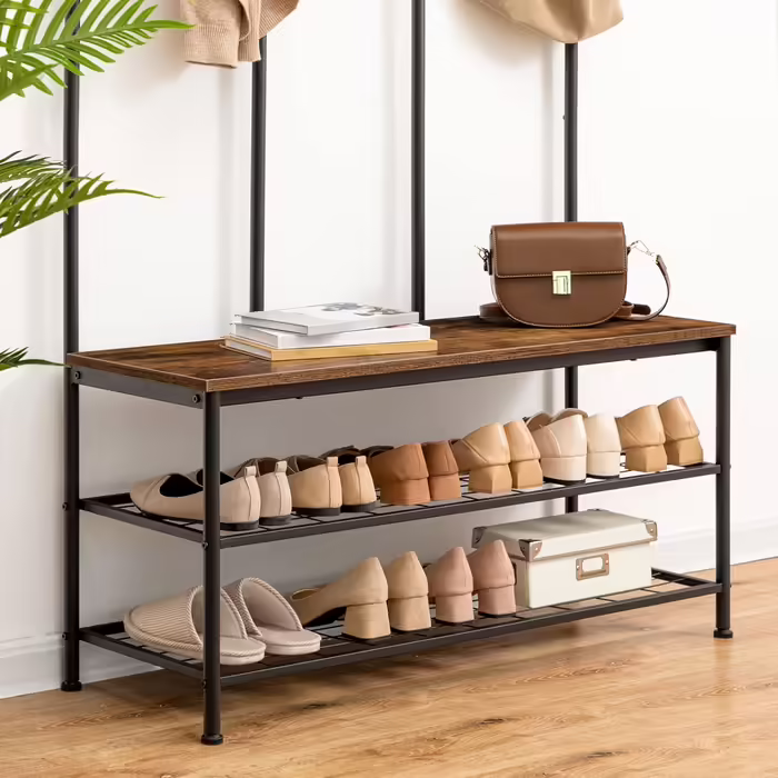HOOBRO Coat Rack, Large Wardrobe with Bench, Shoe Rack with Seating, Clothes Rack with 12 Hooks, Ample Storage Space, for Entryway, Bedroom, Living Room, Dark Brown-Black EBF05MT01