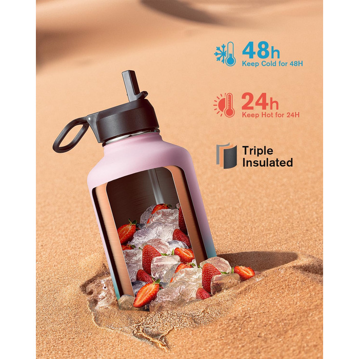 Термопляшка Coolflask 2л з соломинкою та 3 кришками, нержавіюча сталь, для спорту/офісу, герметична (Bubble Gum, 1893 мл)