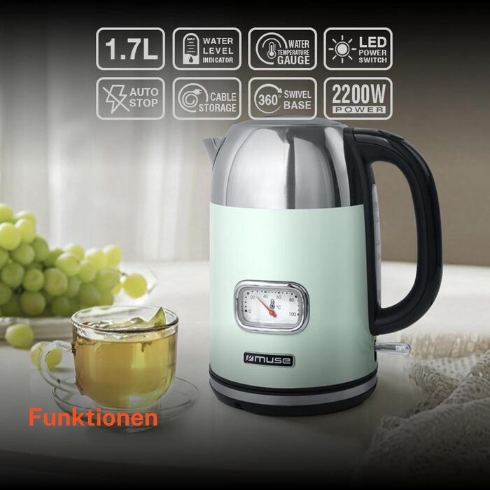 Електричний чайник з нержавіючої сталі MUSE Retro з аналоговим термометром, фільтром, прозорою шкалою, об'ємом 1,7 л, автоматичним вимкненням, матовий золотий (MS-030 BC) (Пастельно-зелений)
