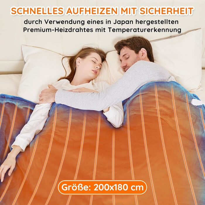 Електрична ковдра Mia&Coco з автовимкненням, 10 режимів нагріву, таймер до 9 годин, захист від перегріву, фланель, 200x180 см, блакитна