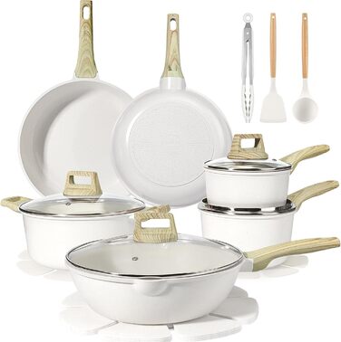 Набір посуду GiPP 17-ти частинний: каструлі, сковорідки з антипригарним покриттям, сковорідки 24+28 см, каструля 4.2 л, каструлі 16+18 см, сковорода для омлету з 4-ма отворами, лопатка та ложка, підходить для всіх типів плит (білий)