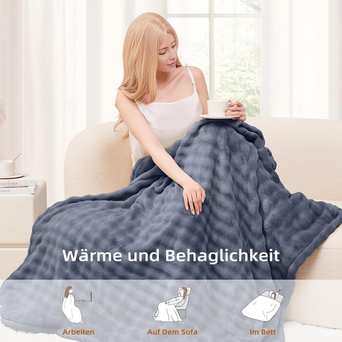 Електрична ковдра BWARM HOME 130x180 см з автовимкненням, 9 режимів нагріву, таймер на 10 годин та захистом від перегріву. Ковдра для сну та відпочинку (темно-сірий)