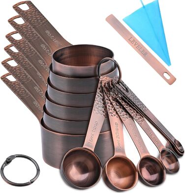 Measuring Cups and Spoons Set, 6 Copper Measuring Cups and 7 Stainless Steel Measuring Spoons with Leveler, Bronze, 13-Piece