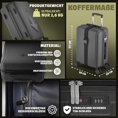 Чемодан ручної об'єм 55x40x20 см з телескопічною ручкою, ABS, з TSA-замком, чорний