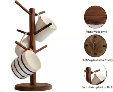 Wooden Mug Holder with 6 Hooks, Countertop Mug Stand, Coffee Bar Accessories & Organizer Station, White (Brown)