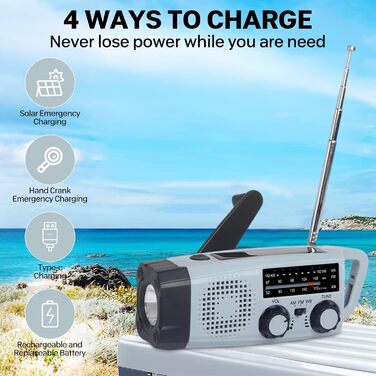 Радіо Kurbel з ручним заводом та сонячною панеллю, AM/FM/SW, 2000mAh, з SOS сигналом та ліхтариком - аварійне радіо для кемпінгу