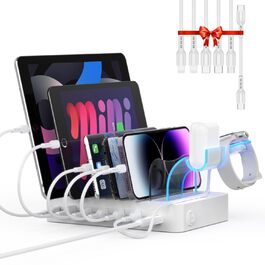 Зарядна станція SooPii USB 60W/12A, 6 портів з PD 20W для iPhone/Samsung, тримач для Apple Watch, 6 кабелів у комплекті - біла