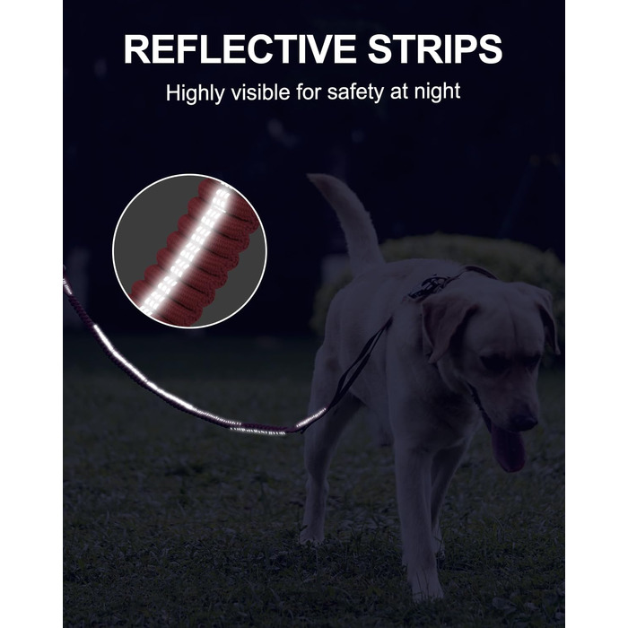 Тактична повідок для собак Joytale, еластична повідок з 2 м'якими ручками, страхувальний ремінь для авто, повідок без ривка для середніх, великих та екстра-великих собак (1.2м-1.8м, світиться рожева)